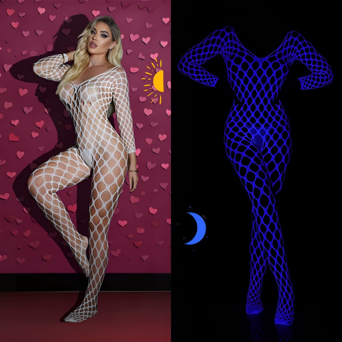 Sexy Glow-in-the-Dark Bodystocking - Wit/Blauw - Sexy Lingerie - One Size S-L (36-40) | LS408 — afbeelding 1