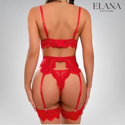 Elana Sorina – Luxe Kant Lingerie Set met Bh, String & Jarretels – Verleidelijke Dames Lingerie – L – Rood — thumbnail 2