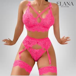 Elana Sorina – Luxe Kant Lingerie Set met Bh, String & Jarretels – Verleidelijke Dames Lingerie – M – Roze — thumbnail 3