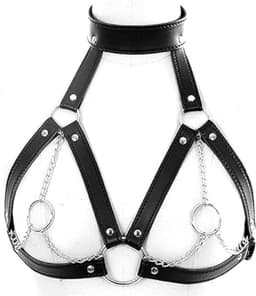 Daity – Women's Faux Leather Harness Punk Gothic Metal Chain Tassel Body Caged Lock Bra Strap – BDSM Extreme voor Mannen en Vrouwen – Bondage – Sex Toys Koppels – Zwart — thumbnail 1