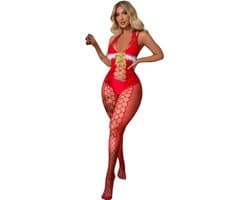 Nina’s Giftshop® Kerst Lingerie – Sexy Kerst Catsuit – Kerstoutfit – Rode Lingerie – Kerst Lingerie Erotisch – Fishnet Lingerie – Kerstcadeau voor Vrouw – One Size