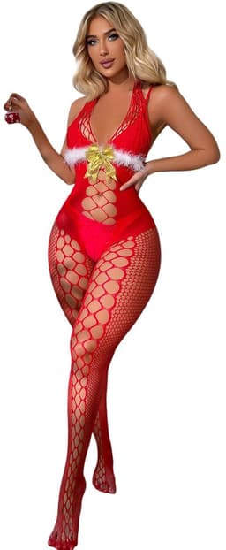 Nina’s Giftshop® Kerst Lingerie – Sexy Kerst Catsuit – Kerstoutfit – Rode Lingerie – Kerst Lingerie Erotisch – Fishnet Lingerie – Kerstcadeau voor Vrouw – One Size — thumbnail 1