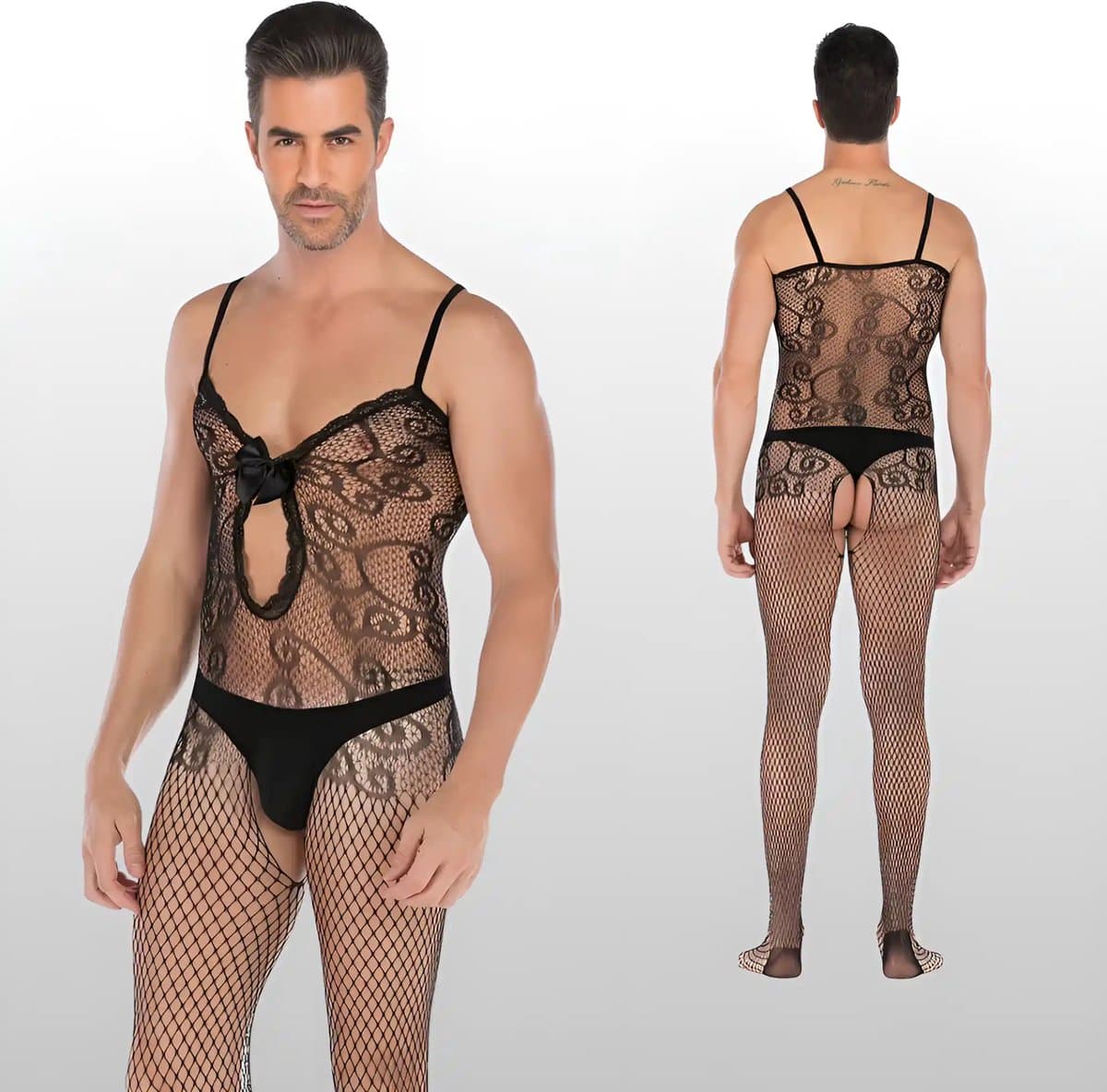 Heren Bodystocking Met Kant & Strik Design - Sexy Herenlingerie - One Size S-XL (46-52) | LS116 — afbeelding 1