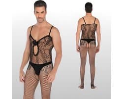 Heren Bodystocking Met Kant & Strik Design - Sexy Herenlingerie - One Size S-XL (46-52) | LS116
