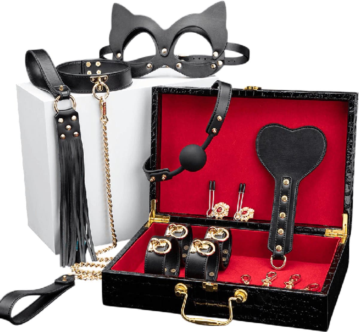 BDSM Luxe koffer - BDSM Reisset - leren koffer - Spankplank - Handboeien - Halsband met Riem - cat mask - Ball Gag - zweep - luxe koffer - goud - zwart — afbeelding 1