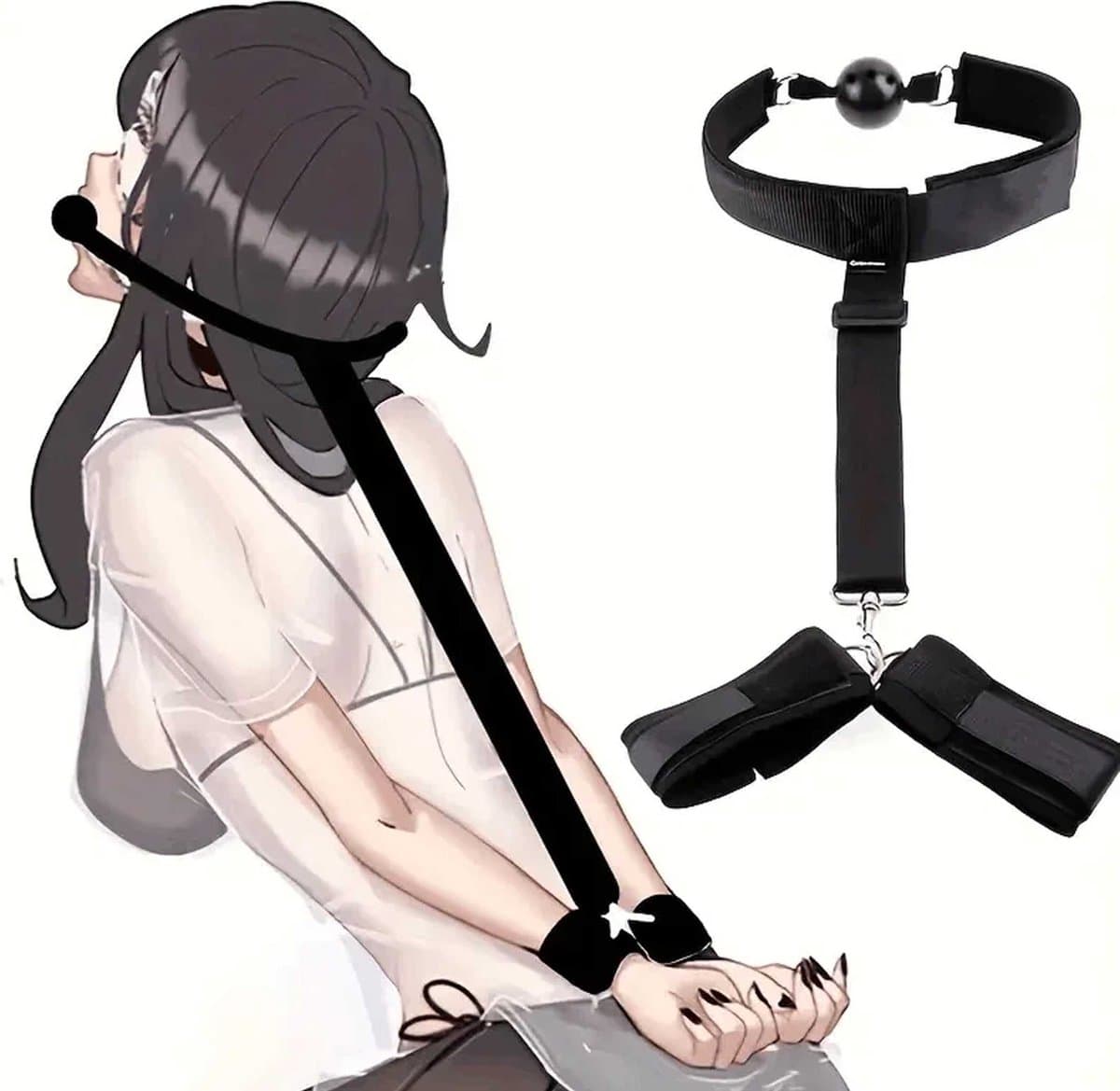Handboeien met gag bal - Verstelbaar - One size - BDSM - Choker - Plastic mondknevel - Kunststof boeien - Arm en Rug bondage — afbeelding 1