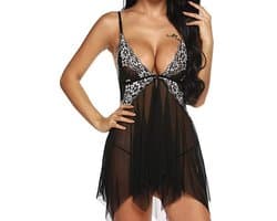 Dames Nachtkleding - Sexy Kant Chemise - V-Hals Babydoll met Sluiting Voor - Voor Valentijnsdag & Verleiding - Lingerie - Zwart - L - 1 stuk