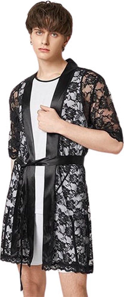 Doorschijnende zwarte badjas Heren Lingerie - Luxe sexy nachtjapon - Slaap kleding - Met riem - Badjas — afbeelding 1