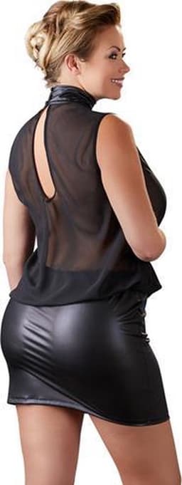 Cottelli Plus Size – Sexy Licht Transparante Mini Jurk met Brede Wetlook Ondergedeelte – Maat 4XL - Zwart — thumbnail 5