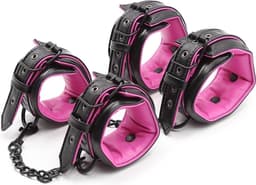 Banoch | Bondageset Hot Pink - halsband,riem, handboeien en enkelbanden pu Leer- zwart - roze — thumbnail 10