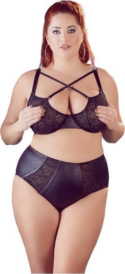 Cottelli Plus Size – Wetlook Kanten Lingerie Set met Transparante Motieven en Verstelbare Hals Bandjes – Maat 85F/L – Zwart — thumbnail 3