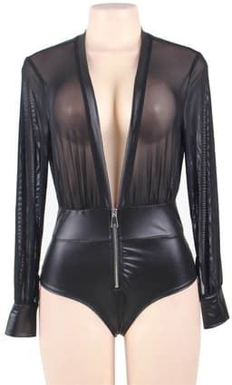 Zeloria Transparante Wetlook Body met Lange Mouwen – Sexy Mesh Lingerie Body met Rits – Zwart – M/L — thumbnail 4