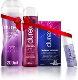 Durex - 2 Glijmiddelen en 1 Stimulerende gel - Voor Een Sensuele Aanraking - Waterbasis - Crazy Cherry met Smaak 100ml - Massage Aloe Vera 2 in 1 200ml - Orgasm Intense Stimulerende Glijmiddel 10ml - Cadeau voor man en vrouw — thumbnail 1