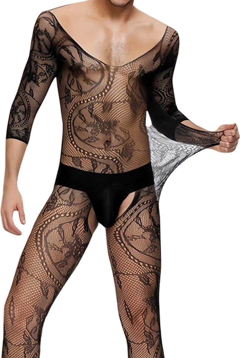 LekkerStout Heren Catsuit - Open Kruis - Zwart - Sexy Herenlingerie | S-L | ( LS214 ) — afbeelding 1