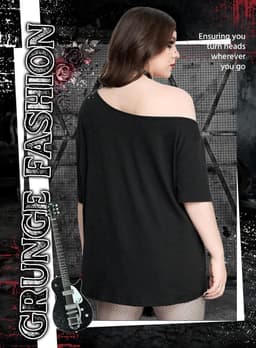 Gothic Punk Off-Shoulder T-Shirt met Grunge Print voor Dames en Meisjes | Y2K Stijl — thumbnail 2