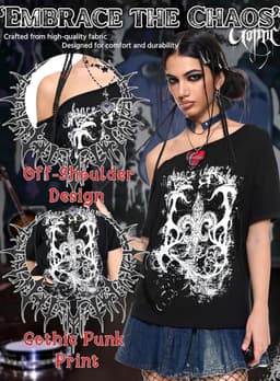 Gothic Punk Off-Shoulder T-Shirt met Grunge Print voor Dames en Meisjes | Y2K Stijl — thumbnail 5