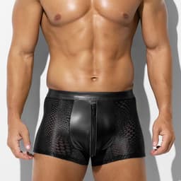 Zwarte Low Rise Heren Boxer met Rits – Ademend Mesh & PU-Leren Front – Sexy Stretch Ondergoed voor Mannen- Maat L — thumbnail 1