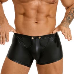 Sexy Heren Boxershort PU Leer met Drukknoopjes & Open Kruis – Uitdagend Zwart Wetlook Mannen Ondergoed — thumbnail 5