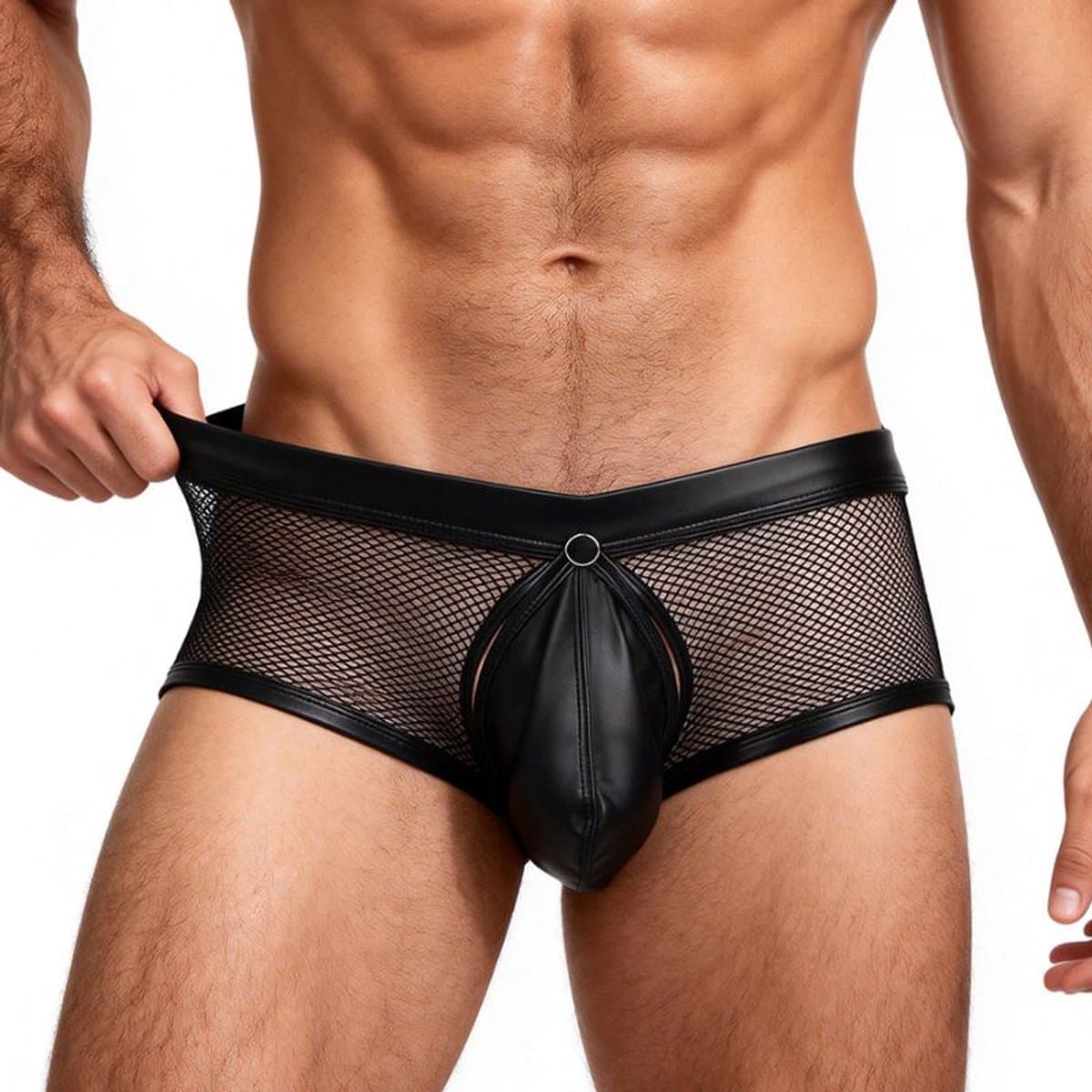Zwarte Sexy Boxershort Heren – Mesh Heren Lingerie met Open Achterkant & Afneembaar U-Zakje — afbeelding 1