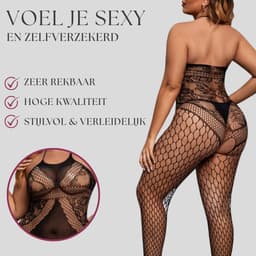 Elana Sarielle Bodystocking – Plussize L-3XL – Rekbaar Net – Sexy & Comfortabel - Erotische Lingerie - Catsuit - Zwart — thumbnail 3
