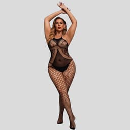 Elana Sarielle Bodystocking – Plussize L-3XL – Rekbaar Net – Sexy & Comfortabel - Erotische Lingerie - Catsuit - Zwart — thumbnail 7