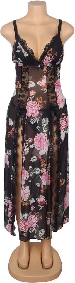 Zeloria Sexy Mesh Nachtjurk met Bloemenprint en Split – Transparante Lingerie Jurk met Kant en Slip – Verleidelijke Nightgown Dames – M — thumbnail 21