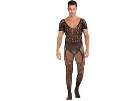 LekkerStout Heren Bodystocking - Zwart - Kant & Korte Mouwen - Open Rug - One Size M-XL | LS141