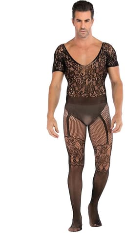 LekkerStout Heren Bodystocking - Zwart - Kant & Korte Mouwen - Open Rug - One Size M-XL | LS141 — thumbnail 1