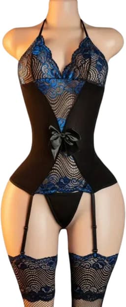 Sexy Lingerieset Dames – Erotische Lingerie – Jarretel Jurkje met Kousen – Zwart & Blauw Kant – Catsuit Erotisch – Lingerie Setje met Jarretels – Verleidelijke Lingerie – Sexy Boudoir Look – Kinky en Luxe – Dare to Undress – One Size — thumbnail 5
