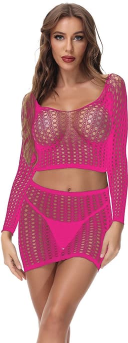 Erotisch Kanten Jurkje met Grote Fishnet Gaten – Sexy Lingerieset met Lange Mouwen – One Size – Babydoll Lingerie – Neon Roze – Verleidelijke Look — thumbnail 1
