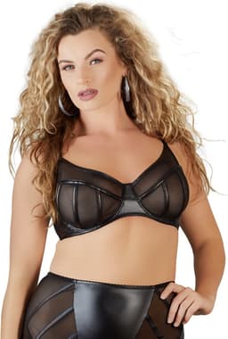 Cottelli Plus Size –  Sexy Beha met Transparante Inzetstukken en Wetlook Jarretel Afwerking – Maat 90F – Zwart — thumbnail 1