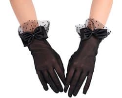 Dailygoods- Dameshandschoenen Kanten - Korte Satijnen Handschoenen - Bruidshandschoenen - Retro Stijl - Elegante Look - Versierd met Strikken