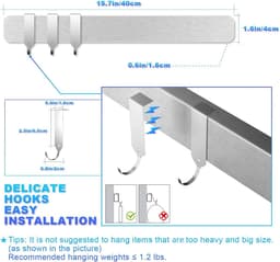 magneetstrip voor messen 40cm met 3 haken, roestvrij staal magneetstrip messenhouder 16 inch magnetisch zelfklevend keukengerei gereedschap eenvoudige montage magnetisch wandmontage voor keuken — thumbnail 3