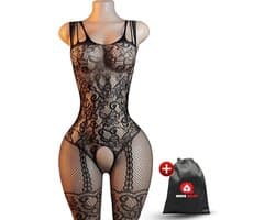 Quick Relief Bodysuit - Visnet - Erotische Body Suit - Open Kruis - Uitdagend Ondergoed - Fishnet Lingerie - Doorzichtig - Panty - One Size