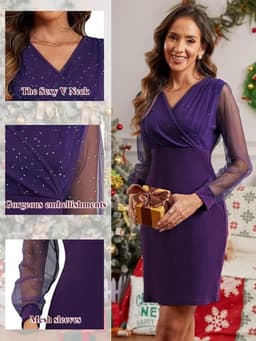 Glitter Bodycon Jurk Dames V-Hals Lange Mouw Cocktail Avondjurk Feestelijk — thumbnail 3
