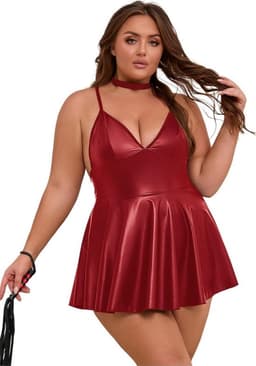 Sexy Plus Size Wet Look Mini Jurk PU Leer V-Hals Backless Lingerie voor Volslanke Dames — thumbnail 1