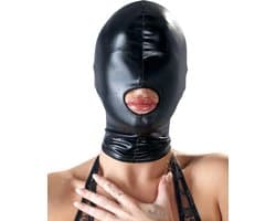 Bad Kitty – Bondage Masker met Mond Opening en Hoogglanzend Wet Look – Zwart