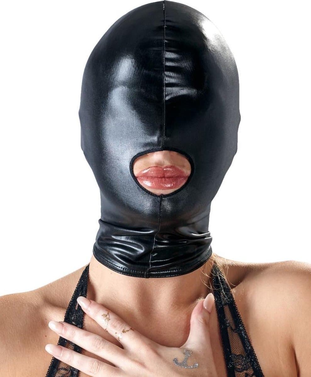 Bad Kitty – Bondage Masker met Mond Opening en Hoogglanzend Wet Look – Zwart — afbeelding 1