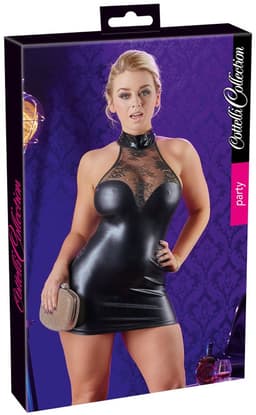 Cottelli Collection – Wetlook Mini Jurk met Kanten Bovenstuk en Knoop Hals voor een Sensuele Mix van Spanning en Comfort – Maat XL – Zwart — thumbnail 5