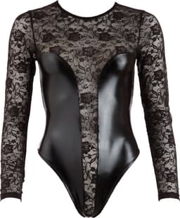 Cottelli Collection –  Wetlook Kanten Afwerking String Body voor de Perfecte Date met Happy End – Maat M – Zwart — thumbnail 2