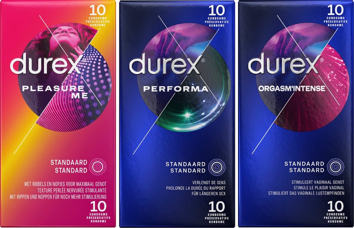 Durex - 30 stuks Condooms - Pleasure Me 10 stuks met ribbels - Orgasm Intense Stimulerende Gel 10 stuks - Performa 10 stuks vertragende effect - Voordeelverpakking — afbeelding 1