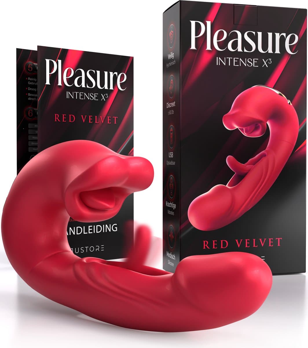 Pleasure Intense X³ – Red Velvet – 3 in 1 Likkende Tong Vibrator voor Vrouwen – G-Spot Satisfyer & Clitoris Stimulator – Rabbit Tarzan Vibrator – Sex Toys voor Koppels – Seksspeeltjes voor Mannen — afbeelding 1