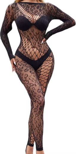 Nina’s Giftshop® Sexy Lingerie Catsuit – Panterprint – Visnet Bodystocking met Open Kruis – Erotische Body – One Size – Zwart – Kerstcadeau voor Vrouw — thumbnail 1