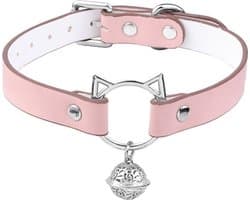 Nooitmeersaai - Halsband met katten gesp en bel - PU leer - Roze - incl. aanlijnketting