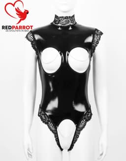 Latex Wetlook Jumpsuit - Open Kruis En Borsten - Erotisch - Ketting - Kant — thumbnail 4