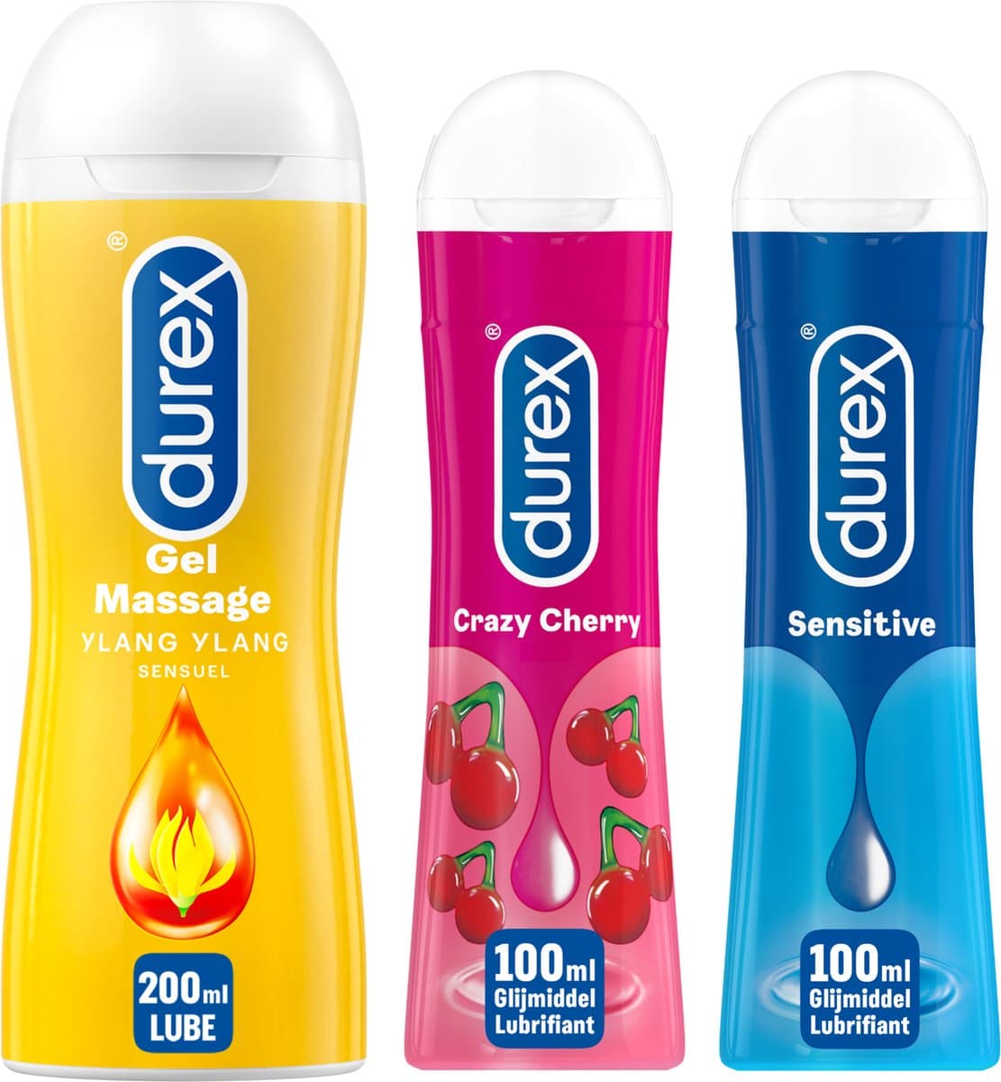 Durex - 3 Glijmiddelen Waterbasis - Play Massage 2/1 Sensitive 200ML - Play Sensitive Gel 100ML - Crazy Cherry 100ML — afbeelding 1