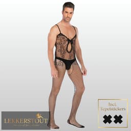 Heren Bodystocking Met Kant & Strik Design - Sexy Herenlingerie - One Size S-XL (46-52) | LS116 — thumbnail 2