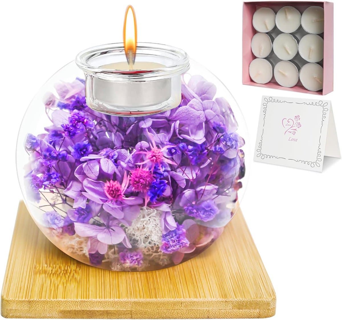 Queltrix Eeuwige bloem in glas & geurkaarsenset, geconserveerde bloemen, romantisch cadeau, geschenkdoos met 18 kaarsen, cadeauset voor Moederdag, verjaardag, jubileum, Kerstmis (paars) — afbeelding 1