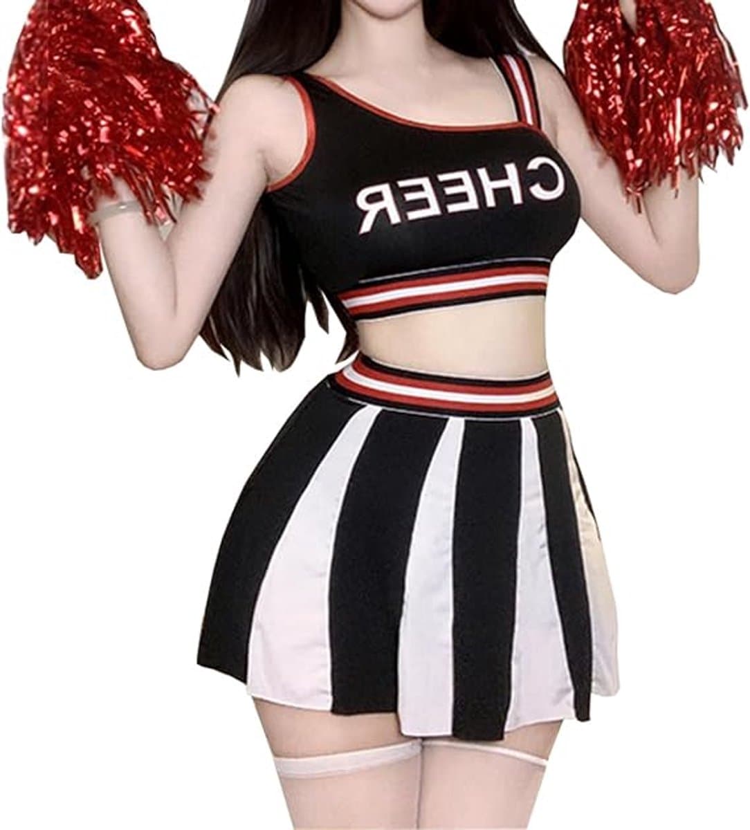 Dames Cheerleader Kostuum, Sportieve Pom-Pom Girl Outfit met Korte Top en Rok, Aansluitende Voetbal- en Scheidsrechterstijl, One Size Maat 36-48, voor Cosplay, Themafeesten en Halloween — afbeelding 1