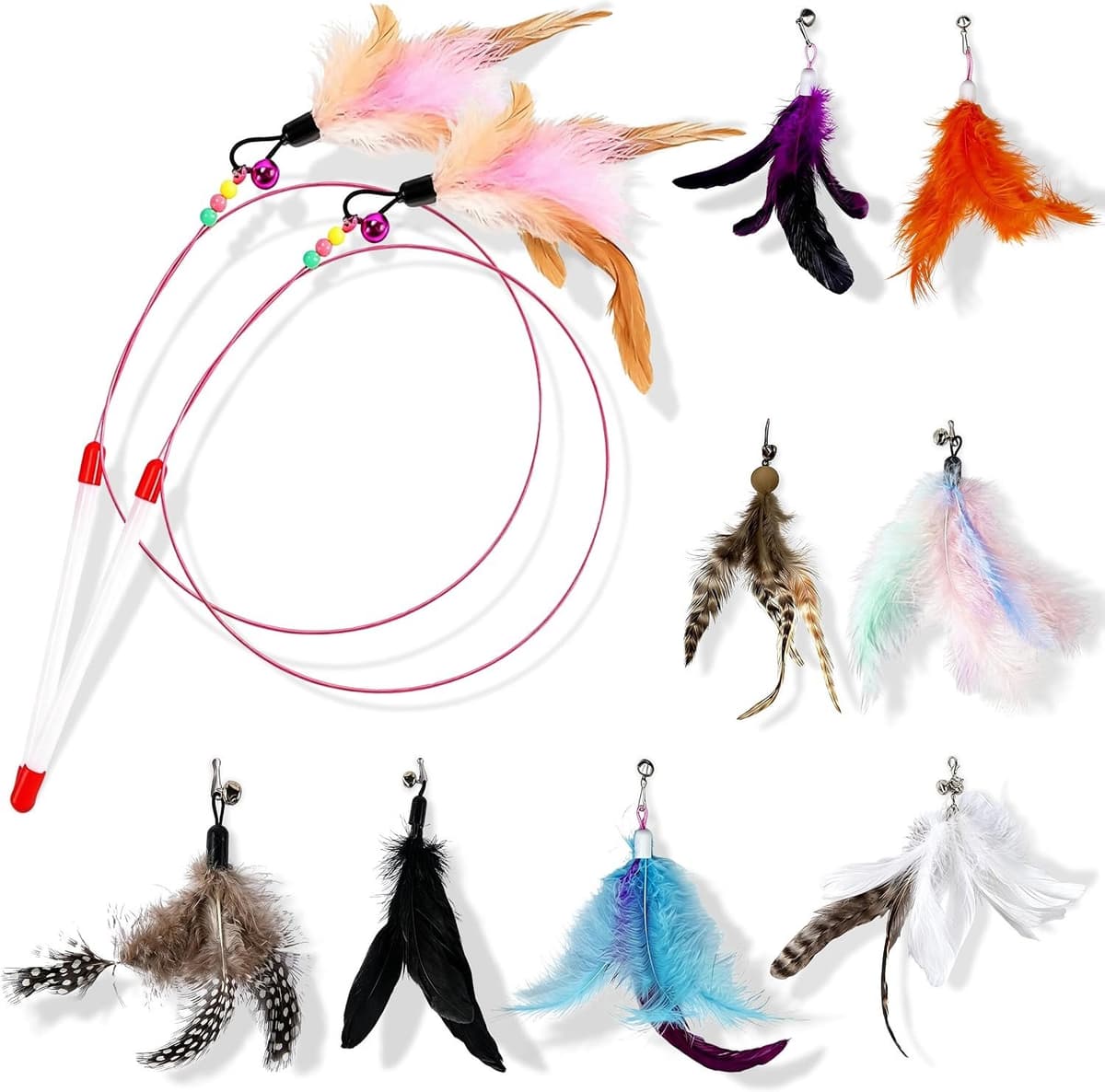 10 Stuks Interactief Kattenspeelgoed met Veren, Meerkleurig Speelgoed voor Katten 90 cm, Flexibele Kattenhengelset met 2 Hengels en 8 Hangers met Veren met Belletjes voor Katten — afbeelding 1